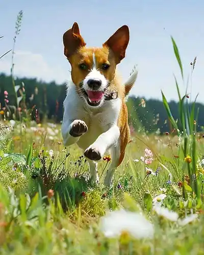 Hund läuft auf einer Wiese