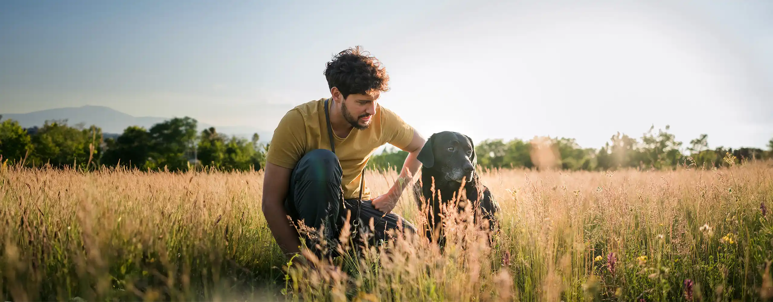 Mann mit Hund auf einem Feld