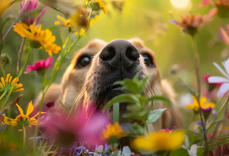 Hund im Blumenfeld Hund im Blumenfeld