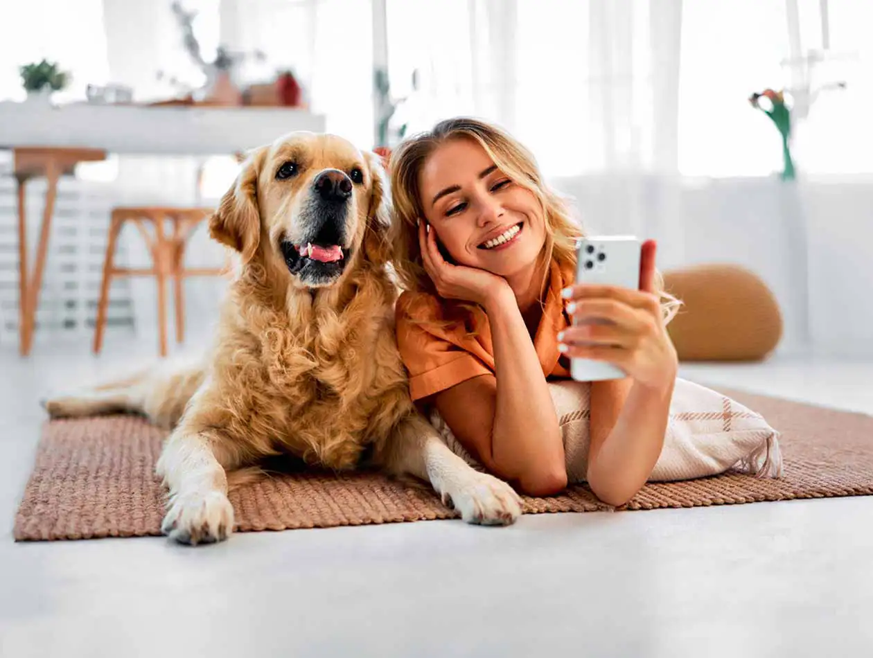 Entspannen und genießen Frau und Golden Retrieber liegen im Wohnzimmer auf dem Boden