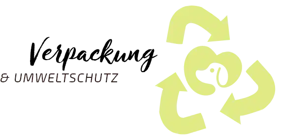 Verpackung und Umweltschutz, Recycling Zeichen in der Mitte ein Herz mit Hunde Kopf