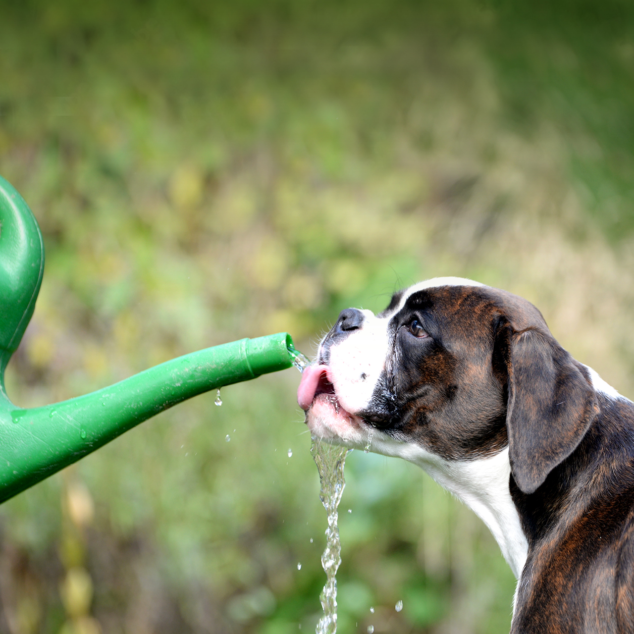 Sommer und Hitze Boxerhund trinkt aus einer Gießkanne