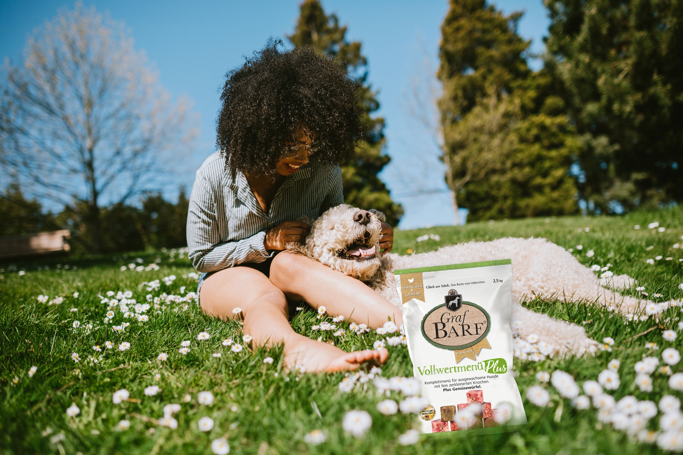 Frau mit Hund auf einer Wiese Frau mit Hund auf einer Wiese