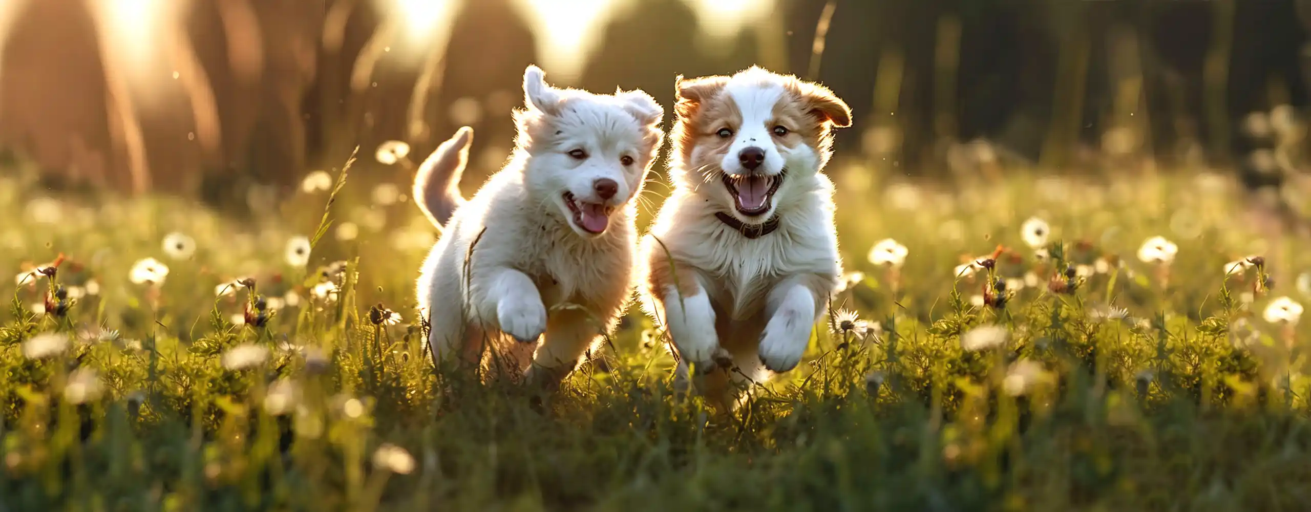 zwei Welpen tollen auf einer Wiese