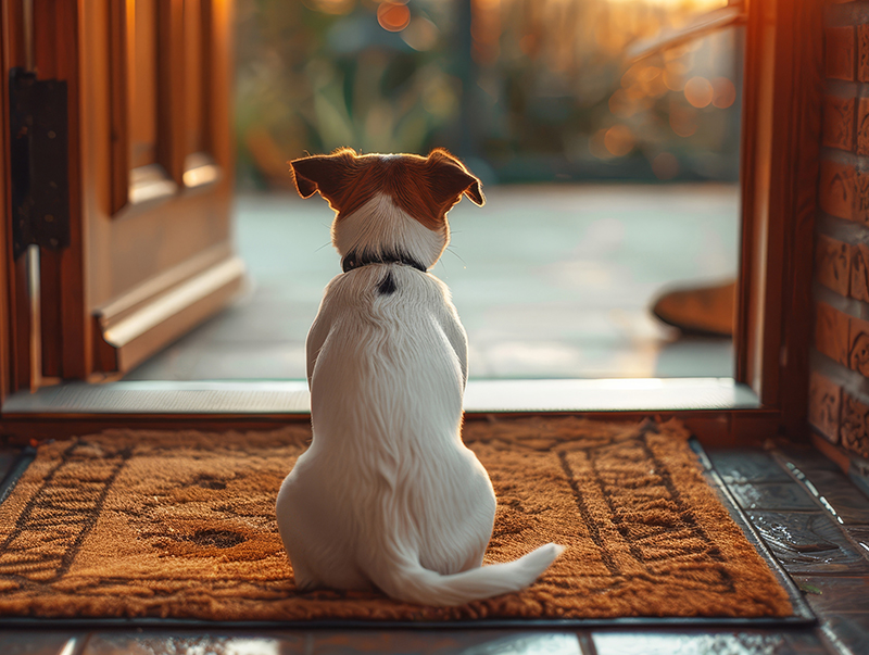 Hund warten im Haus an offener Haustür Hund warten im Haus an offener Haustür