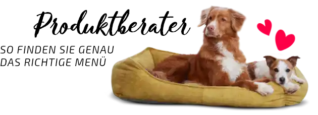 Graf Barf Protuktberater Produktberater so finden Sie genau das richtige Menü zwei Hunde liegen auf Hundebett mit zwei ´pinken Herzen über Ihnen