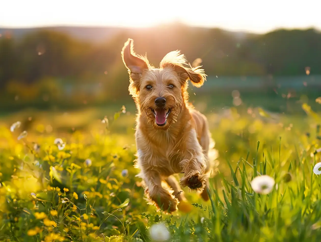 Hund springt über Wiese