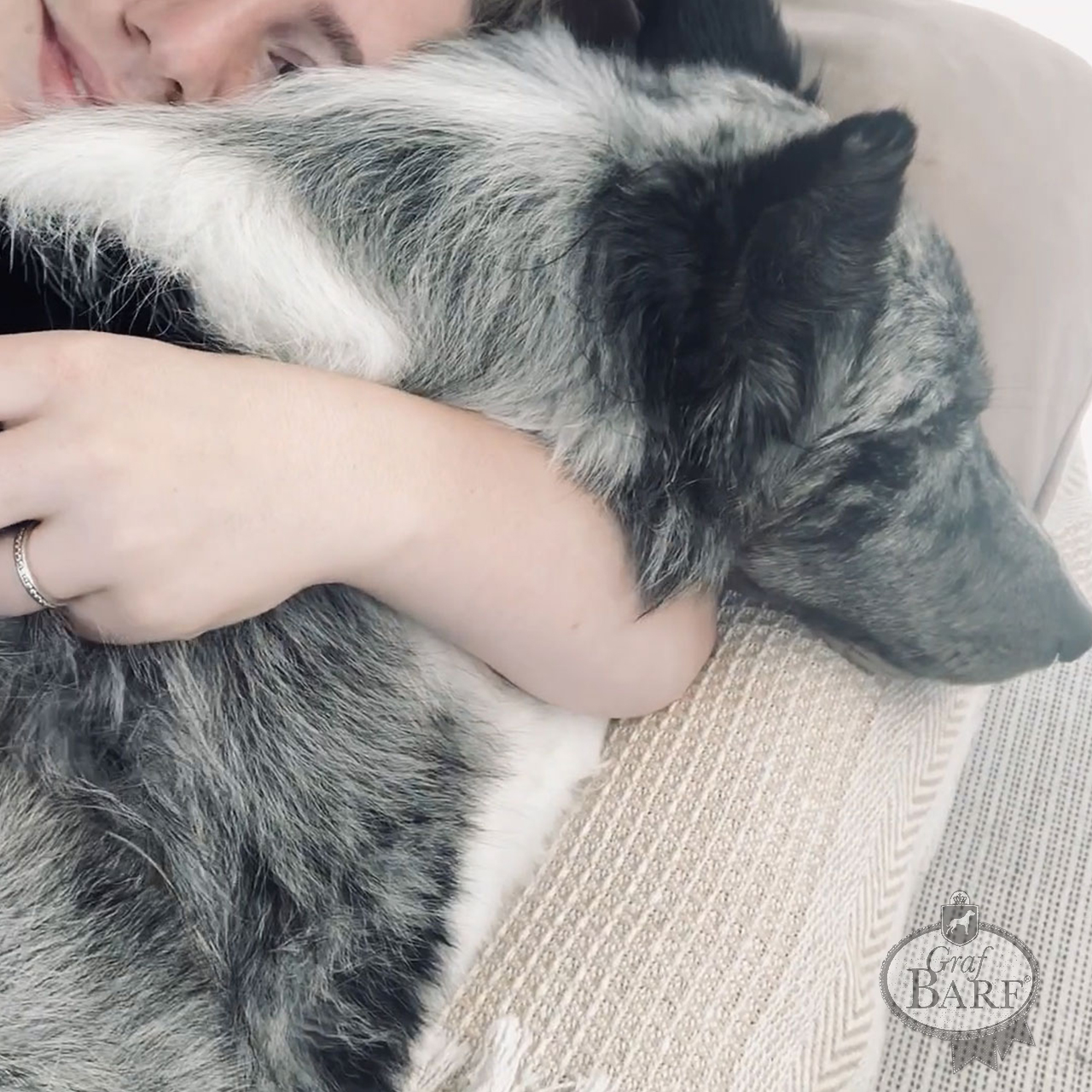 graf-barf-hund-und-liebe Ein Hund liegt Arm in Arm mit einer Frau