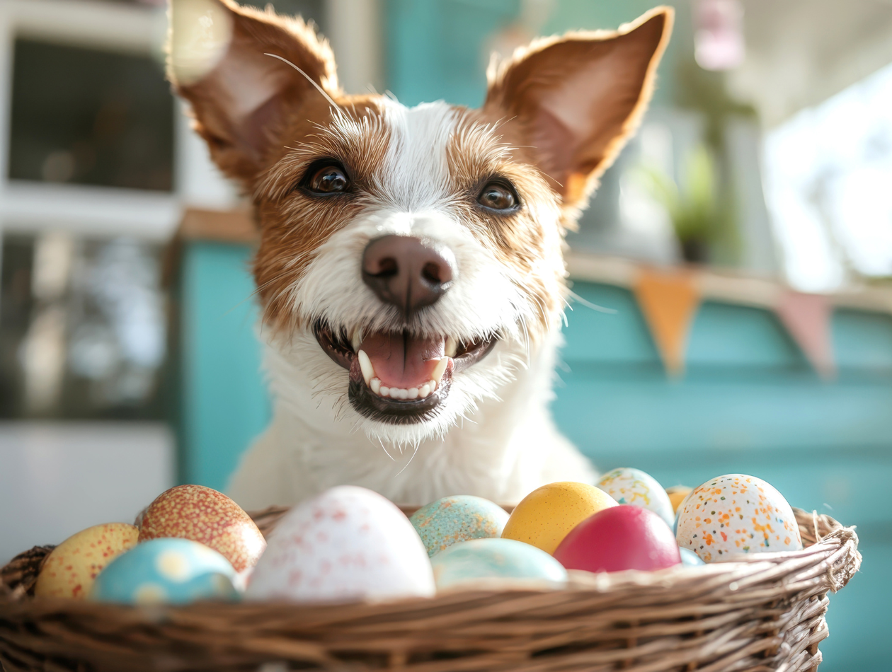 Graf Barf Osterpaket Hund vor einem Korb voll Ostereiern